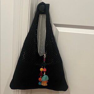 Black Crochet Shoulder Bag with Colorful Pompom Tassel